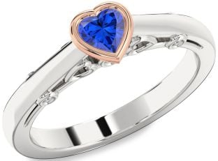 Diamond Blue Sapphire Rose Gold Silver Heart Promise Ring