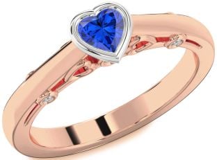 Diamond Blue Sapphire Rose Gold Silver Heart Promise Ring