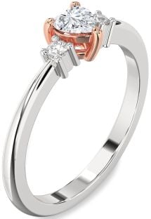 Diamond Silver & 10K Rose Gold Heart Three Stone Engagement Ring