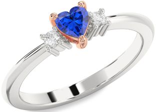 Diamond Blue Sapphire Rose Gold Silver Heart Three Stone Engagement Ring