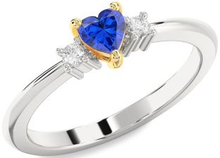 Diamond Blue Sapphire Silver & 10K gold Heart Three Stone Engagement Ring