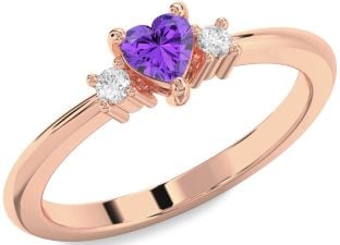 Diamond Amethyst Rose Gold Heart Three Stone Engagement Ring
