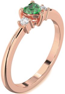 Diamond Emerald Rose Gold Heart Three Stone Engagement Ring