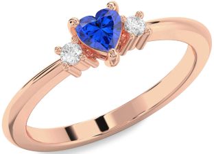 Diamond Blue Sapphire Rose Gold Silver Heart Three Stone Engagement Ring