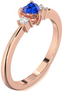 Diamond Blue Sapphire Rose Gold Heart Three Stone Engagement Ring