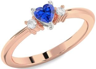 Diamond Blue Sapphire Platinum & Rose Gold Heart Three Stone Engagement Ring