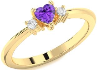 Diamond Amethyst Gold Heart Three Stone Engagement Ring