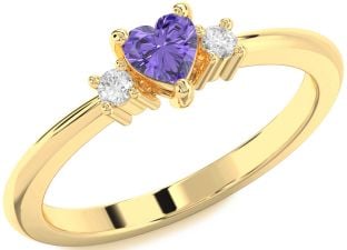 Diamond Amethyst Gold Heart Three Stone Engagement Ring