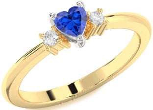 Diamond Blue Sapphire Platinum & Yellow Gold Heart Three Stone Engagement Ring