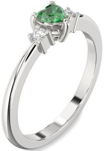 Diamond Emerald Platinum Heart Three Stone Engagement Ring