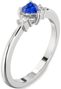 Diamond Blue Sapphire Platinum Heart Three Stone Engagement Ring