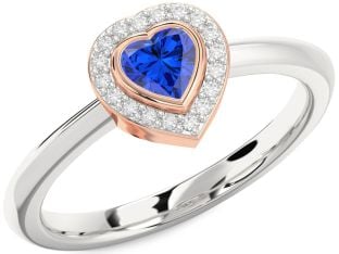 Diamond Blue Sapphire Rose Gold Silver Heart Promise Ring