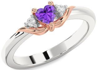 Diamond Amethyst Platinum & Rose Gold Heart Three Stone Engagement Ring