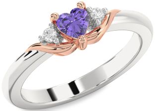 Diamond Amethyst Platinum & Rose Gold Heart Three Stone Engagement Ring