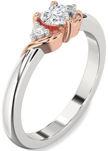 Diamond Silver & 10K Rose Gold Heart Three Stone Engagement Ring