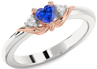 Diamond Blue Sapphire Rose Gold Silver Heart Three Stone Engagement Ring