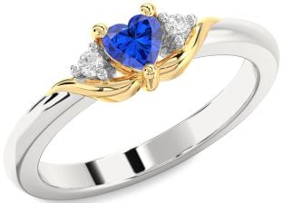 Diamond Blue Sapphire Silver & 10K gold Heart Three Stone Engagement Ring