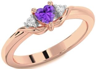 Diamond Amethyst Rose Gold Heart Three Stone Engagement Ring