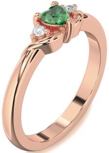 Diamond Emerald Rose Gold Heart Three Stone Engagement Ring