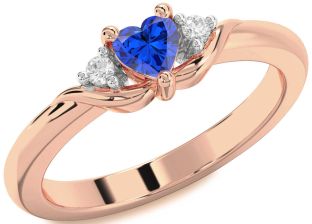 Diamond Blue Sapphire Rose Gold Silver Heart Three Stone Engagement Ring