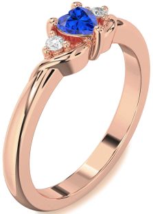 Diamond Blue Sapphire Rose Gold Heart Three Stone Engagement Ring