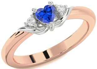Diamond Blue Sapphire Rose Gold Silver Heart Three Stone Engagement Ring