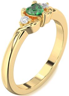 Diamond Emerald Gold Heart Three Stone Engagement Ring