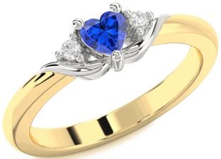 Diamond Blue Sapphire Gold Silver Heart Three Stone Engagement Ring