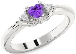 Diamond Amethyst Platinum Heart Three Stone Engagement Ring