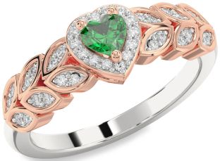 Diamond Emerald Platinum & Rose Gold Heart Promise Ring