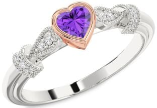 Diamond Amethyst Platinum & Rose Gold Heart Promise Ring