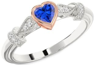Diamond Blue Sapphire Rose Gold Silver Heart Promise Ring