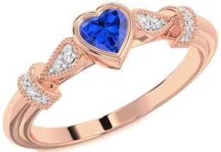 Diamond Blue Sapphire Rose Gold Silver Heart Promise Ring