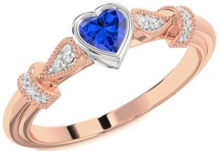 Diamond Blue Sapphire Rose Gold Silver Heart Promise Ring