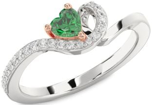 Diamond Emerald Platinum & Rose Gold Heart Promise Ring