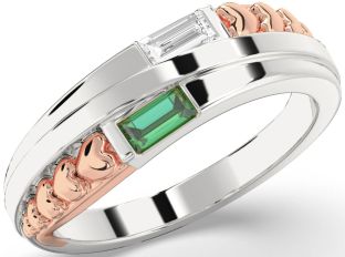 Emerald Platinum & Rose Gold Heart Two Stone Birthstone Ring