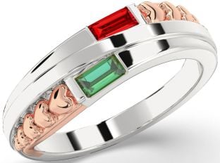 Emerald Platinum & Rose Gold Heart Two Stone Birthstone Ring