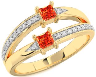 Diamond Fire Opal Gold Princess Two Stone Ring