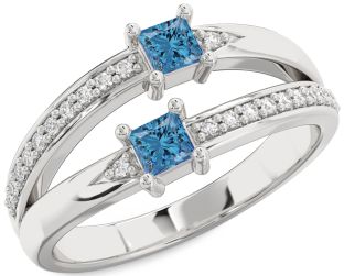 Blue Diamond Silver Princess Two Stone Ring