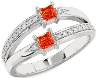 Diamond Fire Opal Silver Princess Two Stone Ring