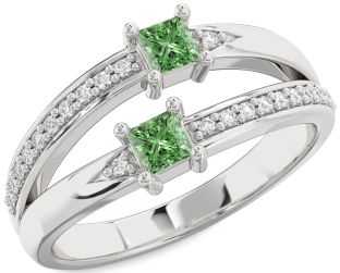 Green Diamond Silver Princess Two Stone Ring