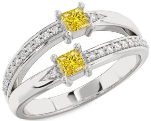 Yellow Diamond Silver Princess Two Stone Ring