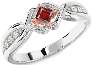 Diamond Ruby Silver & 10K Rose Gold Princess Promise Ring