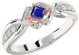 Diamond Blue Sapphire Silver & 10K Rose Gold Princess Promise Ring