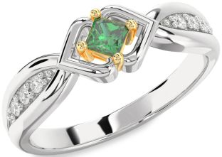Diamond Emerald Silver & 10K gold Princess Promise Ring