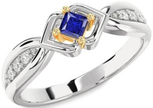 Diamond Blue Sapphire Platinum & Yellow Gold Princess Promise Ring