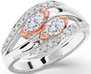 Diamond Silver & 10K Rose Gold Marquise Two Stone Ring