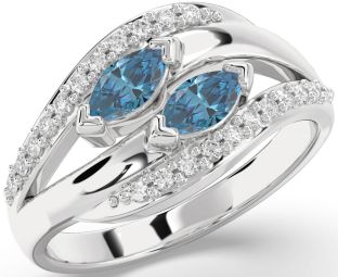 Blue Diamond Silver Marquise Two Stone Ring