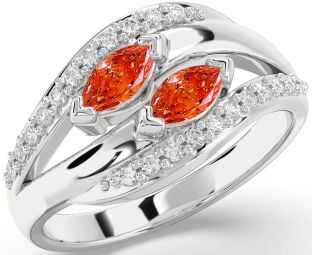 Diamond Fire Opal Silver Marquise Two Stone Ring