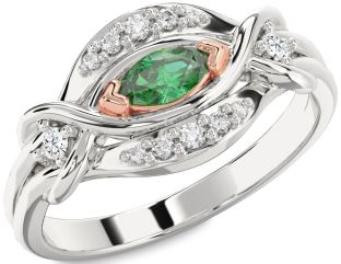 Diamond Emerald Platinum & Rose Gold Marquise Promise Ring